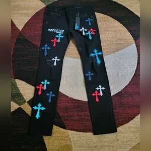Rockstar Slim Men’s Jeans — Black with Red, Blue & White Cross Accents